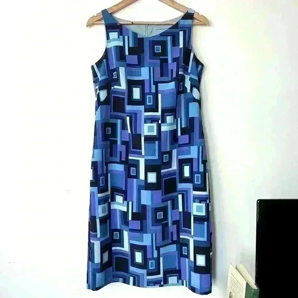 Vintage Allure 90s Blue Purple Abstract Eclectic Sleeveless Unique Dress 8 - Picture 1 of 17